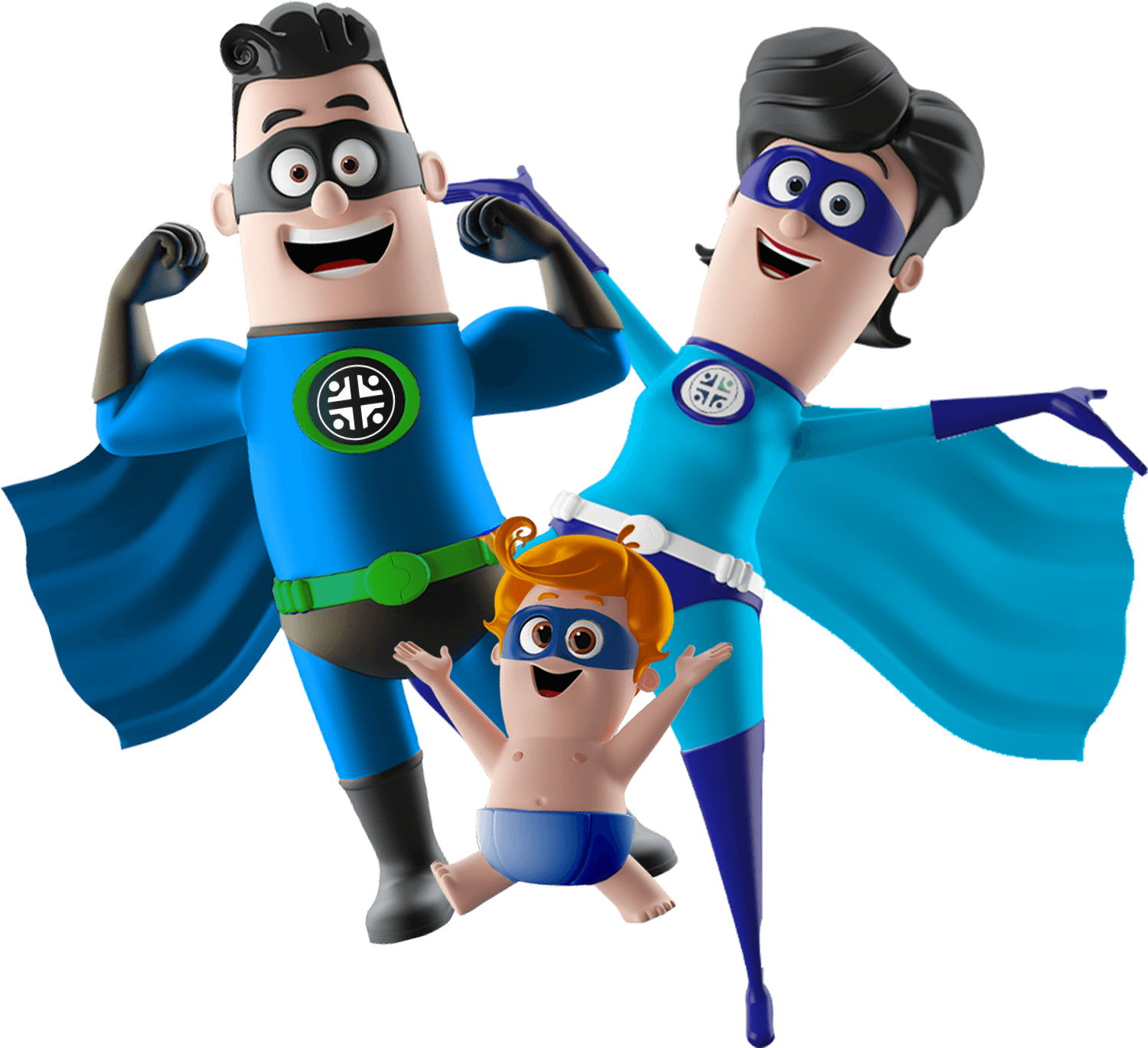 Mascotes: Super-pai, Super-mãe e Super-bebê